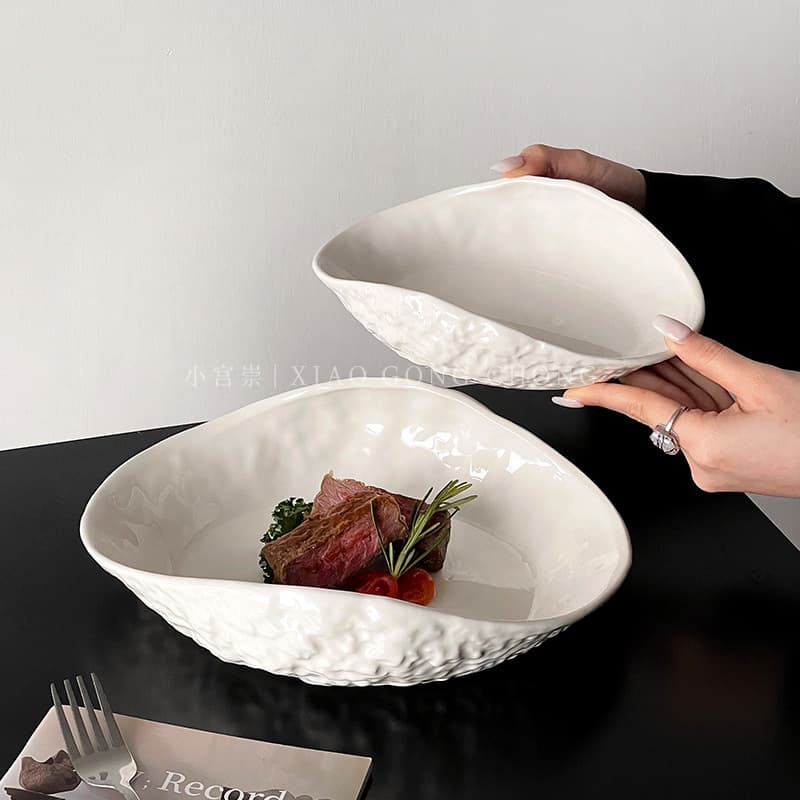 Rock Grain Shell Ceramic Plate, Light Luxury Home Soup Plate, Vegetable Plate, Premium Creative Pure White Steak Plate, Pasta Plate