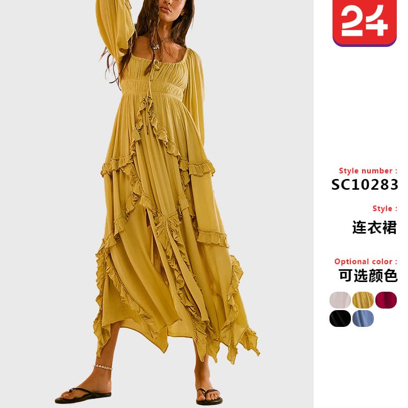 2025 autumn cross-border new European and American U-neck ruffled lace stitching slit gentle wide swing dress long skirt