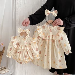 26 Baby Clothes Autumn Sweet Fly-Sleeve Bear Bodysuit Girls Dress Trendy Long-Sleeve Sister Matching Outfit