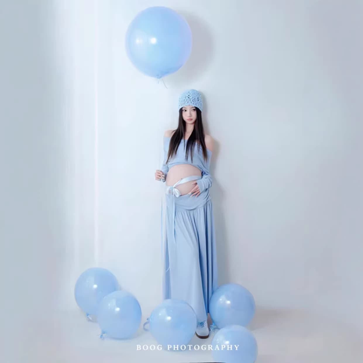 Chinese-Style Maternity Blue Fresh Long Dress for Photoshoot, High-End Atmosphere, Elegant and Charming