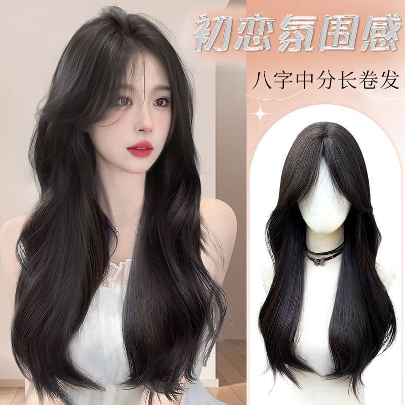Elegant Curly Wig, Soft Loose Waves, Realistic Hairline, 8-Character Bangs, Natural Full Wig, Middle Part