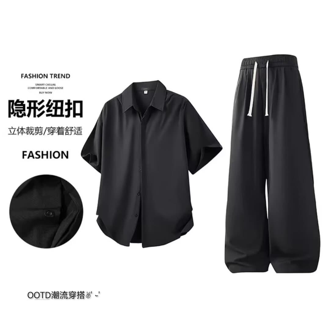 2026 New Summer Ice Silk Shirt Set for Men, Versatile Casual Loose Fashionable Short Sleeve Shirt and Long Pants