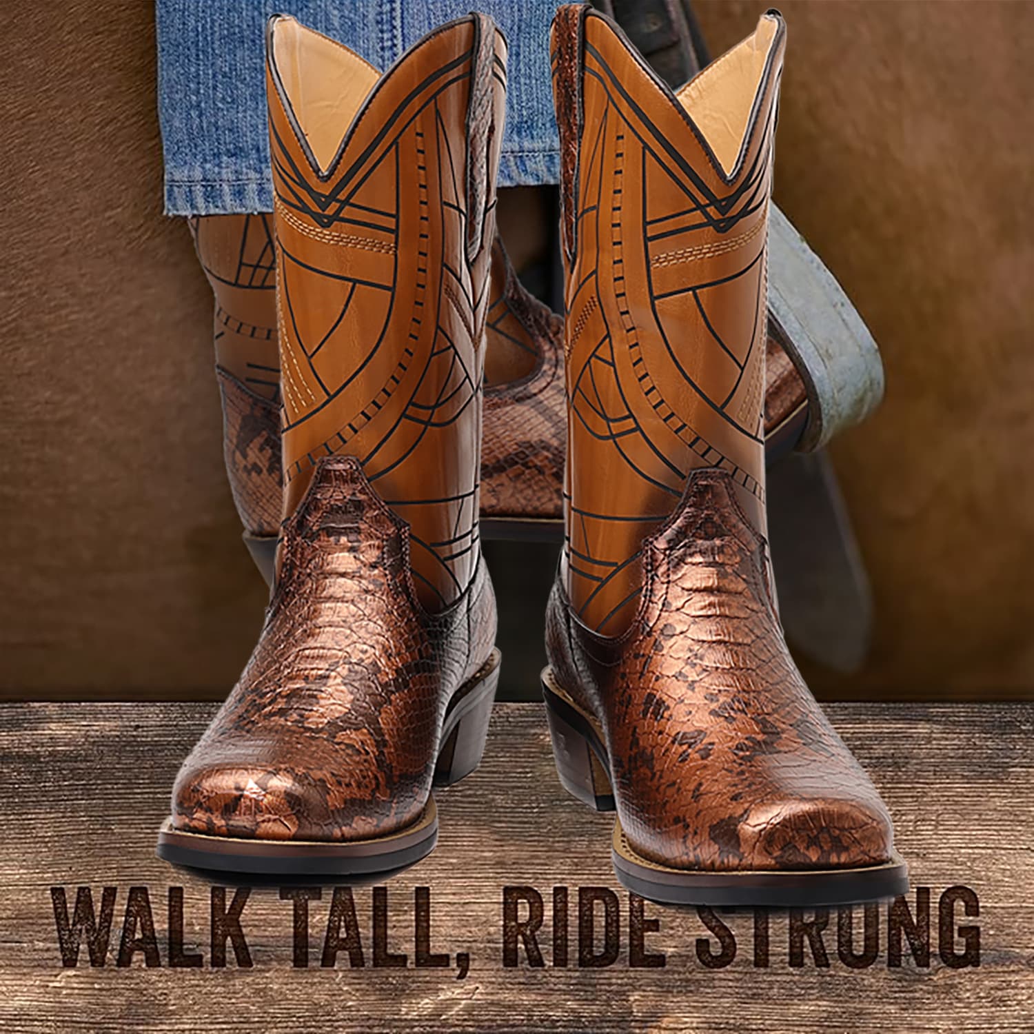 Aofu Shoes 1037 US size wooden heel sole cowboy boots high heel imitation snake print boots men's shoes knight men's boots