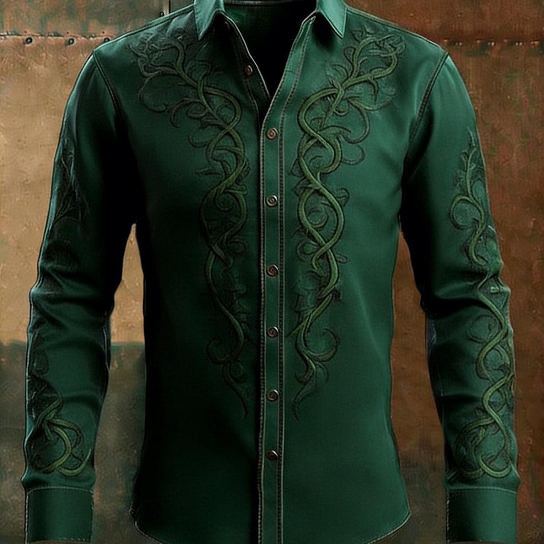 Cross-border American Western Style Two-Tone Vine Embroidery Lapel Men's Long-Sleeve Shirt Retro Casual Top Dropshipping