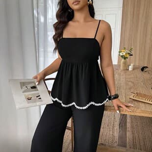 2026 Cross-Border Stock Plus Size Women's Black Camisole Wide Leg Pants Set Summer Fashion Casual Two-Piece