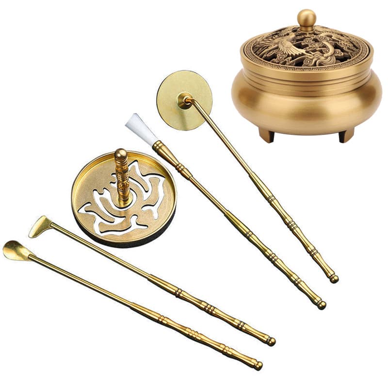 Brass Incense Seal Ash Press, Stamping, Empty Incense Burner Shovel, Spoon, Brush 7-Piece Beginner Set, Cross-border Supply