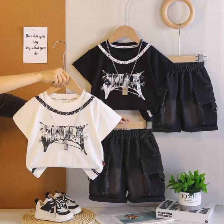 Boys Summer Sportswear Set New Korean Trendy Toddler Contrast Color T-Shirt Children Short Sleeve Two-Piece Set Trendy Wholesale