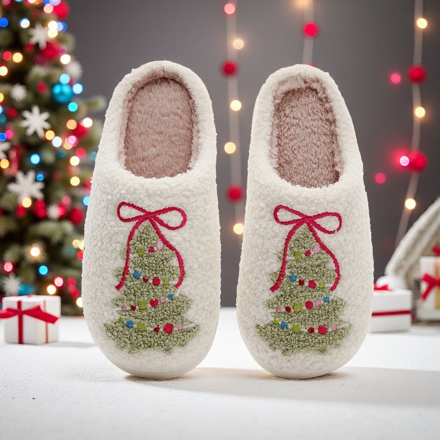 2025 New Cross-Border Exclusive Women's Home Slippers with Bow and Christmas Tree Design, Autumn and Winter Slippers, Barcode Affixing Available.