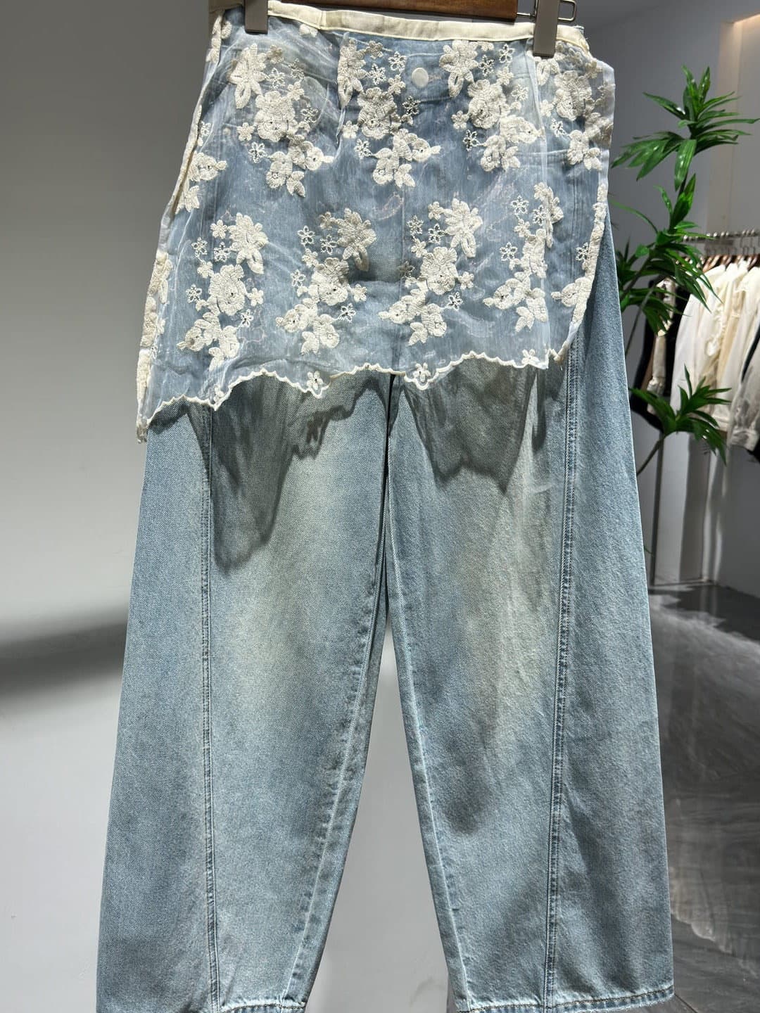 European station 2026 spring and summer new style detachable lace butt curtain jeans for women high-waisted loose and versatile casual trousers