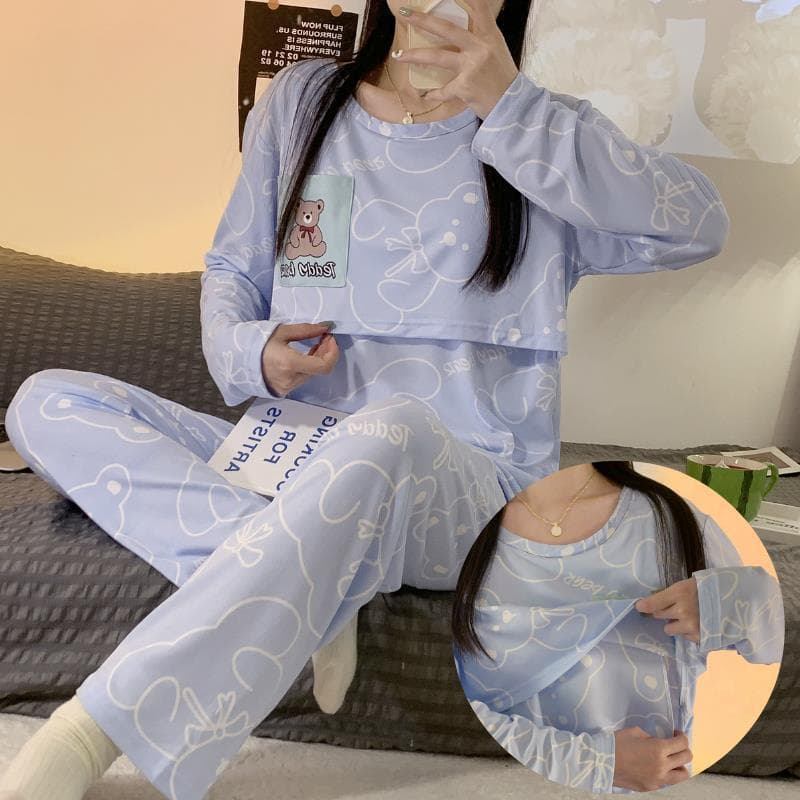 Maternity Nightgown Nursing Sleepwear Set Women's Long Sleeve Long Pants Polyester Fiber Milk Silk Home Clothes for Postpartum