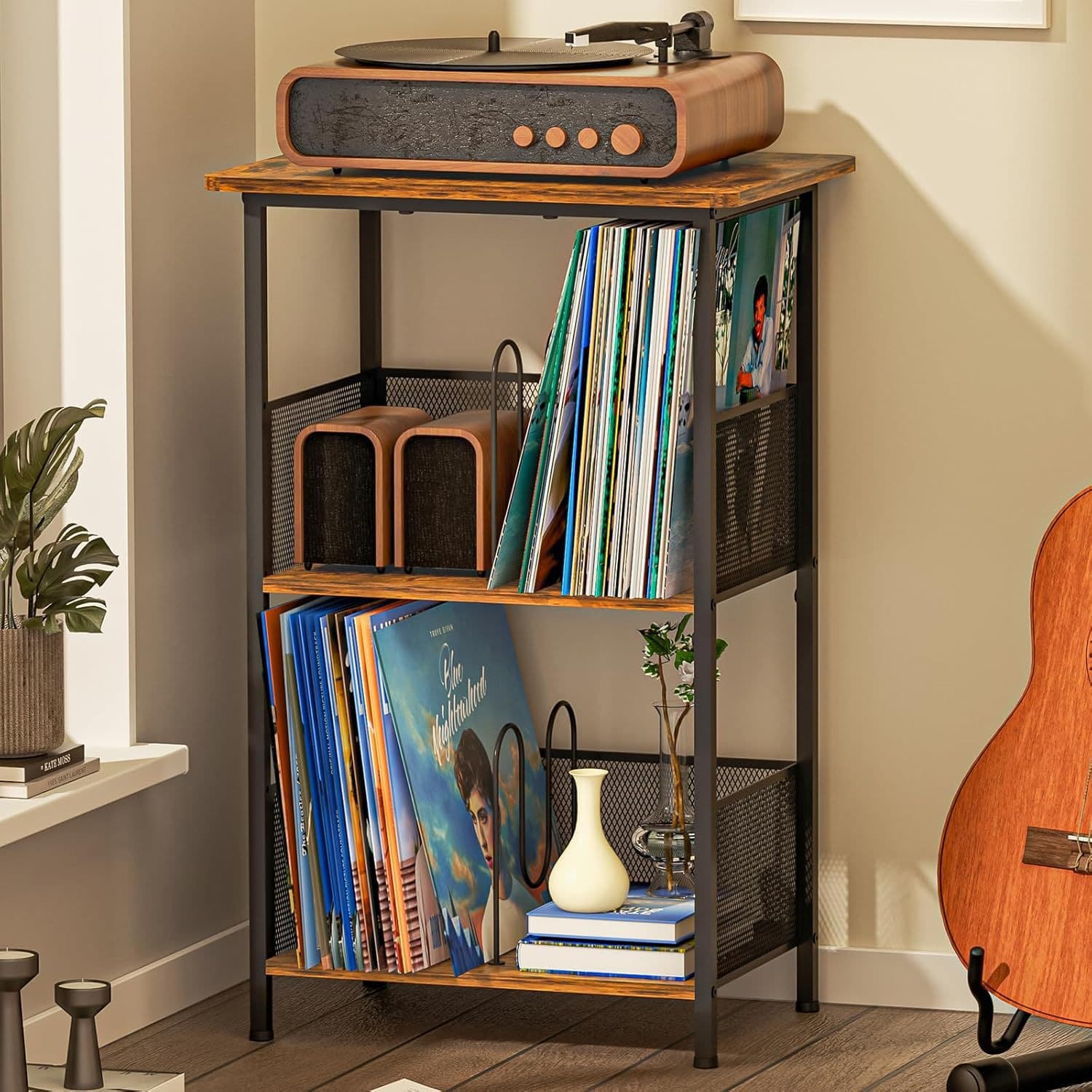Modern Record Player Stand, Vertical Turntable Stand for Various Albums with Expandable Wooden Desktop for Living Room or Dining Table