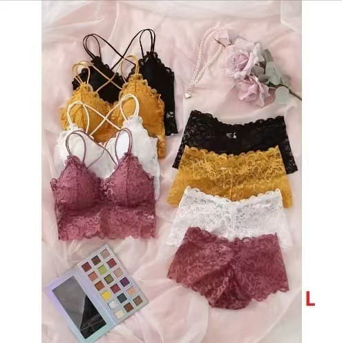 Cross-border French Bra Set Women's Sexy Backless Hollow Lace Trim Wire-free Bra and Panty 2-Piece Set