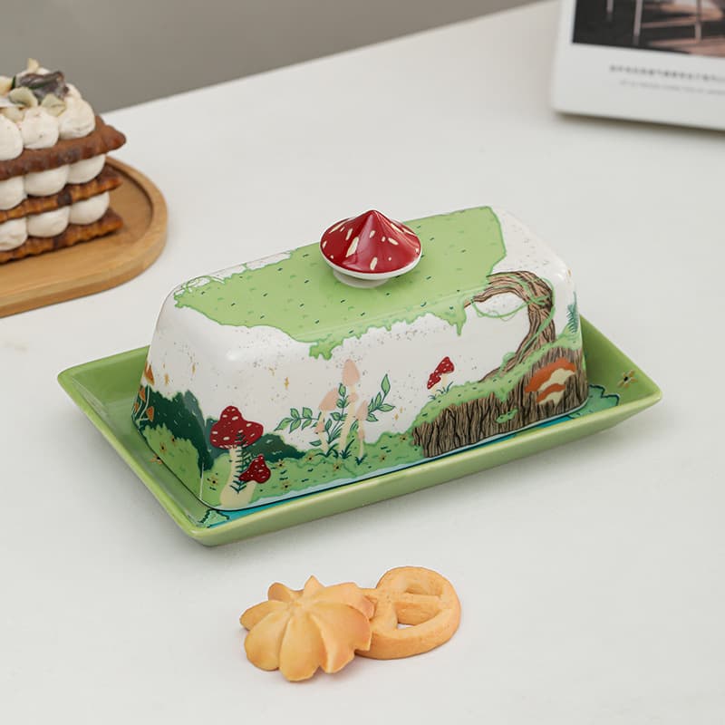 Cross-border Exclusive Ceramic Mushroom Butter Dish Full-Floral Tree Square Cream Box Western Butter Box Ready Stock Wholesale