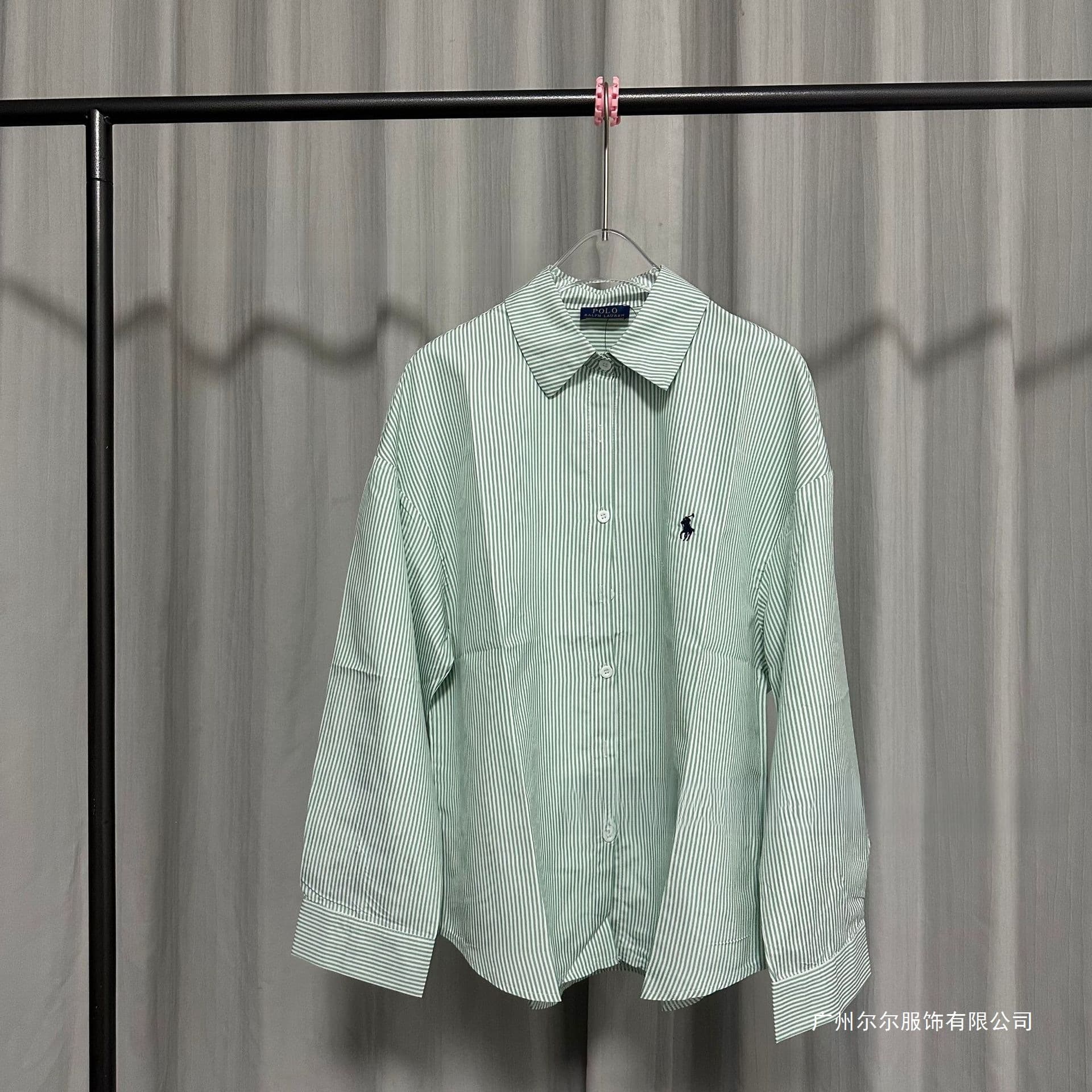 Tiffany Green Little Horse High-End Boutique Same Style Striped Shirt with Ruffle Embroidery Lapel Jacket for Men and Women New Arrival 1188
