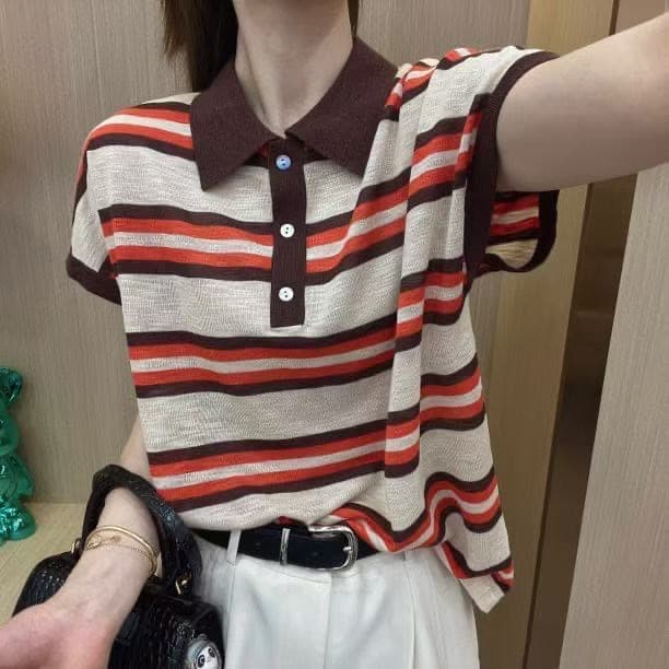[571#M-4XL/3 colors] Summer new short-sleeved Polo shirt for women with striped lapel contrasting top slimming T-shirt