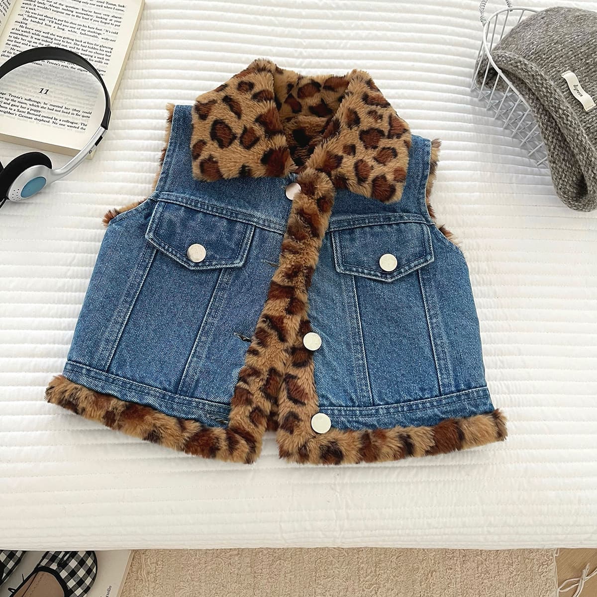 Girls' Denim Jacket 2025 New Style Stylish Children's Baby Autumn and Winter Fleece-lined Thick Leopard Print Denim Vest
