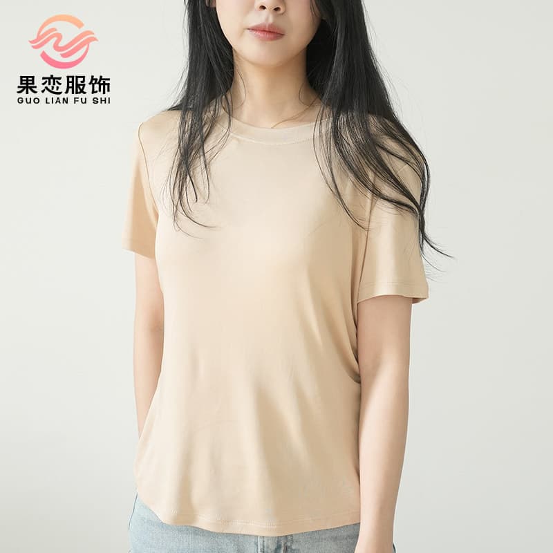 Guolian Silk Thin Round Neck Simple Basic Short Sleeve Mulberry Silk Pleated Waist Comfortable Versatile T-Shirt