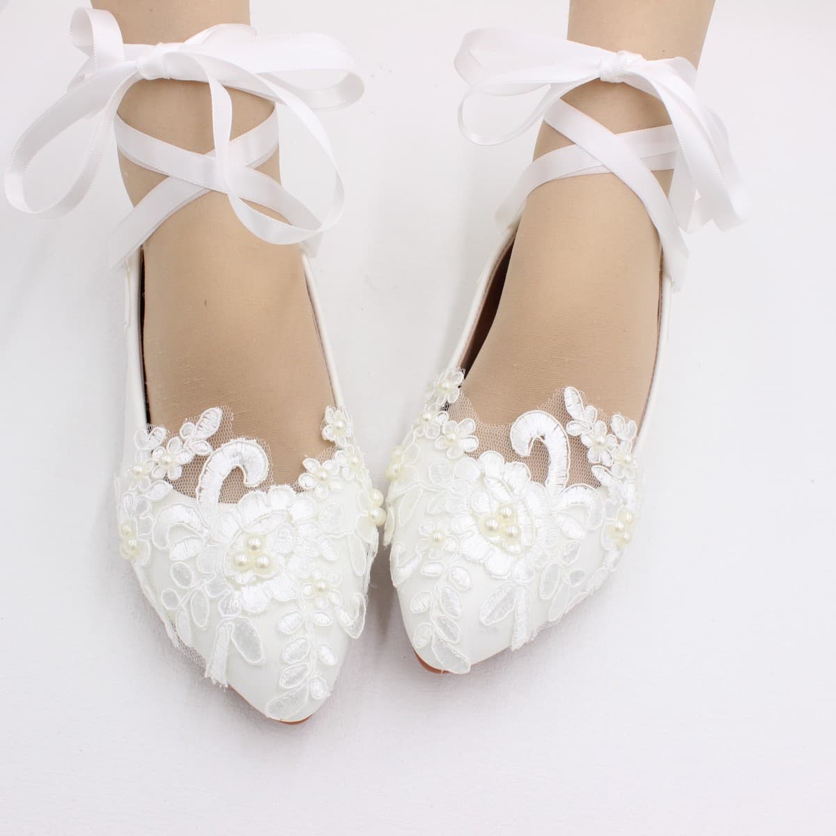 White Lace Wedding Shoes Handmade Flat Rubber Bottom Knot Tied Bridal Footwear Large Size Princess Style Summer Autumn Spring