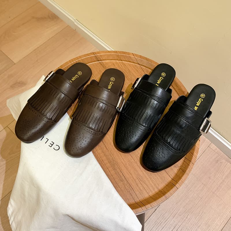 Carved Tassel Toe-Cover Mule Slippers for Women, Spring/Summer Retro Slip-On Loafers, Flat Casual Shoes