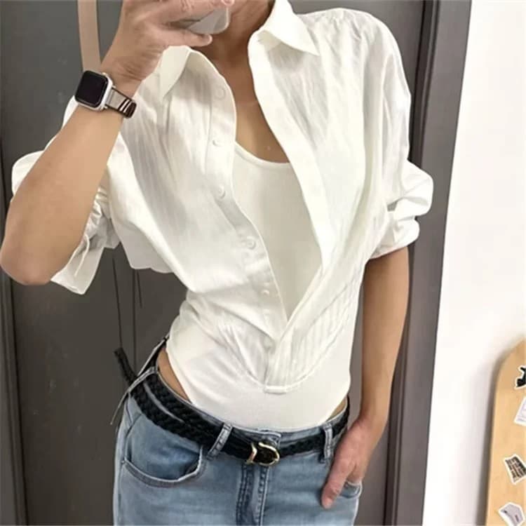 French Design Niche Women's Pure Style Fake Two-Piece Shirt, Autumn Cropped Fitted Blouse with Cutout Bodysuit