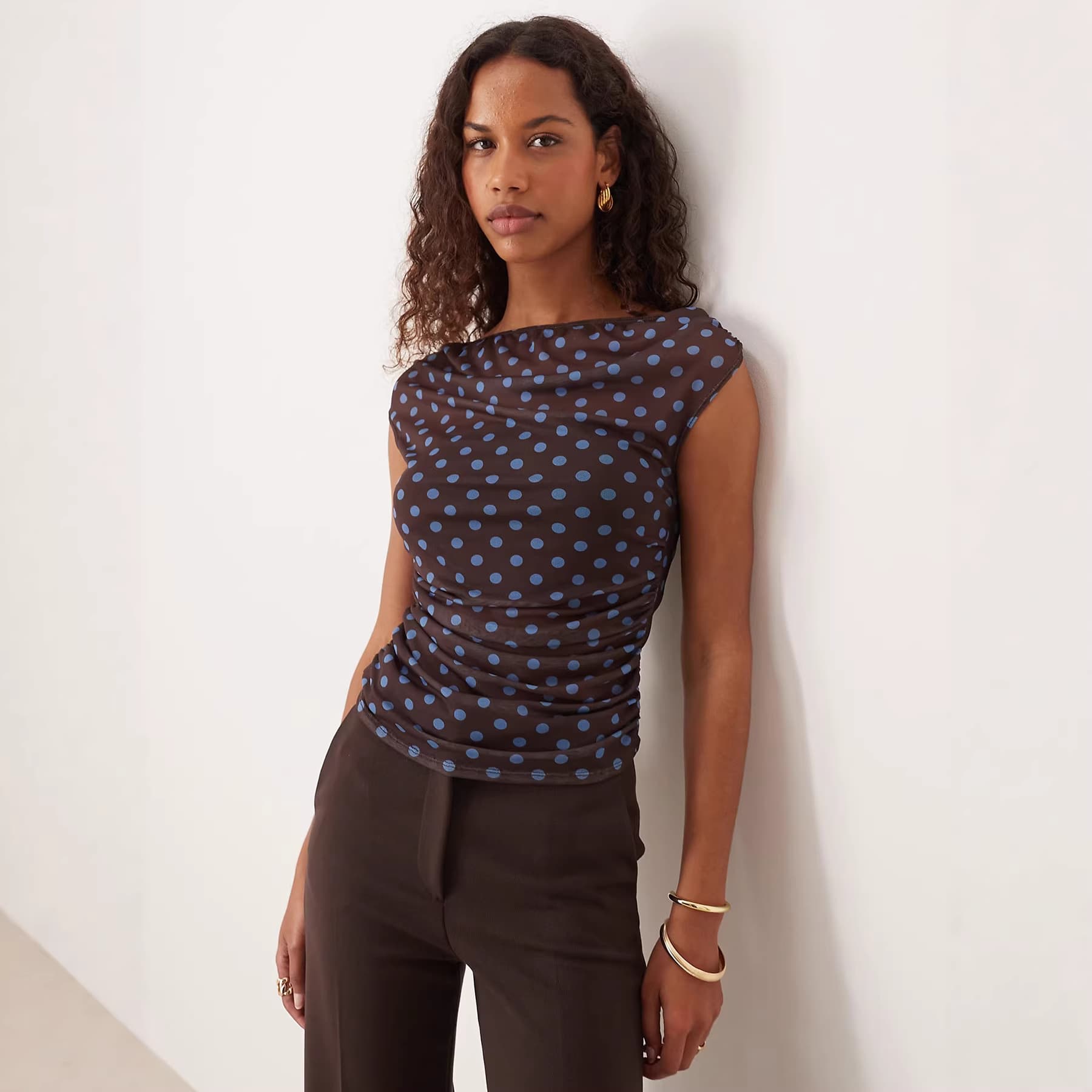 European and American Cross-border Bestseller Polka Dot Pleated Sheer Short-sleeve T-shirt Top Women's Waist-cinching Slim-fit Crop Top