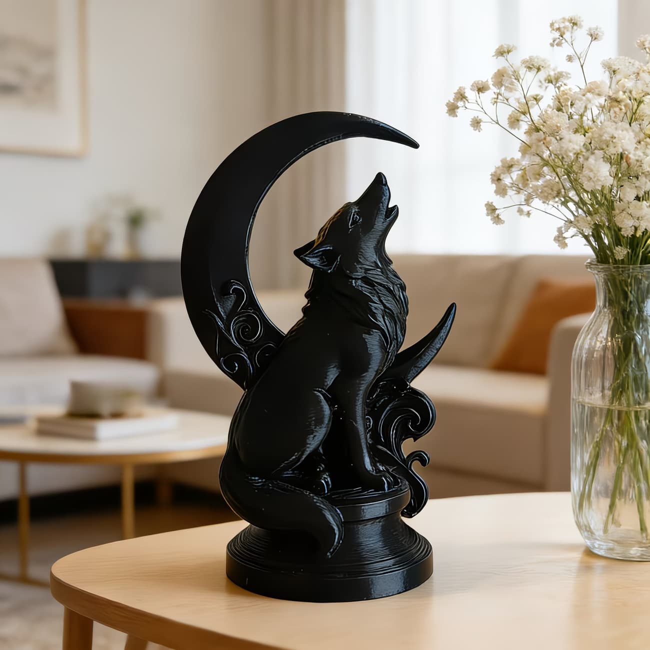 Gothic Black Howling Crescent Moon Plastic Statue - Mystical Wolf Ornament, Suitable for Home Decoration