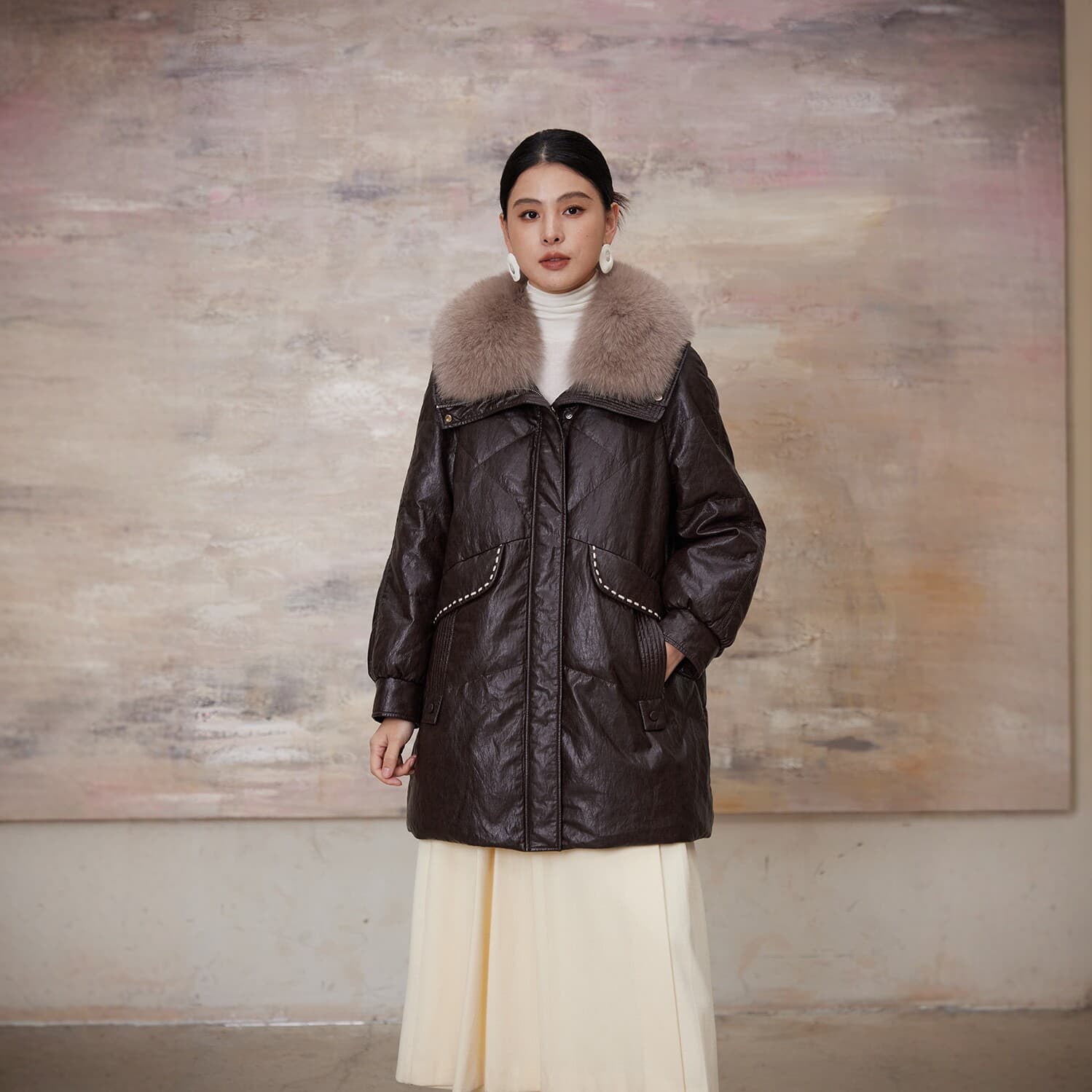 Women's fur all-in-one down jacket winter new style stand-up collar large fur collar warm jacket fashionable slim long leather jacket