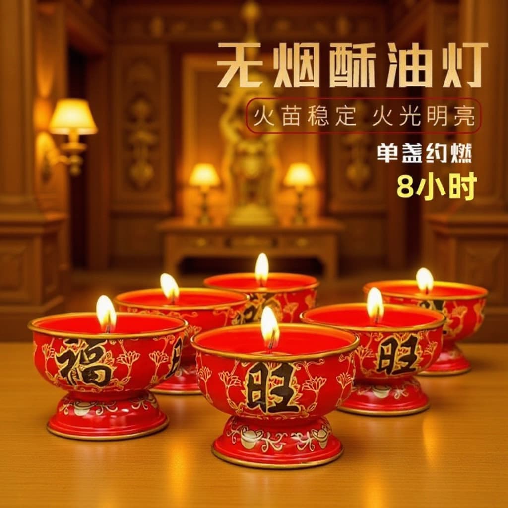 New Year Fortune Prosperity Butter Lamp, Metal Base Festive Smokeless Odorless Eternal Temple Worship Candle