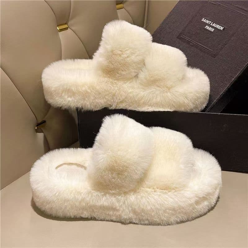 Trendy Furry Slippers for Women 2024 New Autumn Winter Fashion Double Strap Thick Sole Fluffy Cotton Slippers