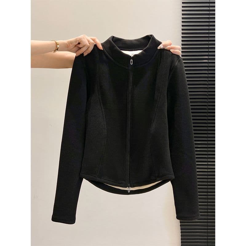 Large size German velvet new autumn and winter new double zipper jacket for women, slimming, covering the flesh, wearing warm stand-up collar long-sleeved top