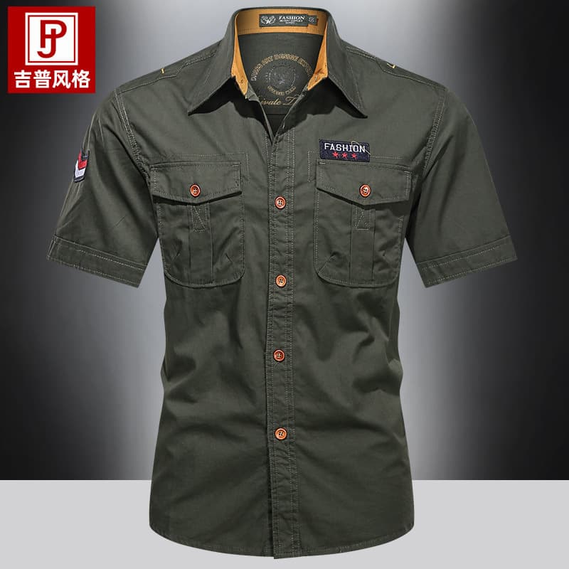 Cross-Border European and American Military-Style Short-Sleeved Men's Shirts, Summer Thin Loose Half-Sleeved Tops, Men's Embroidered Work Shirts