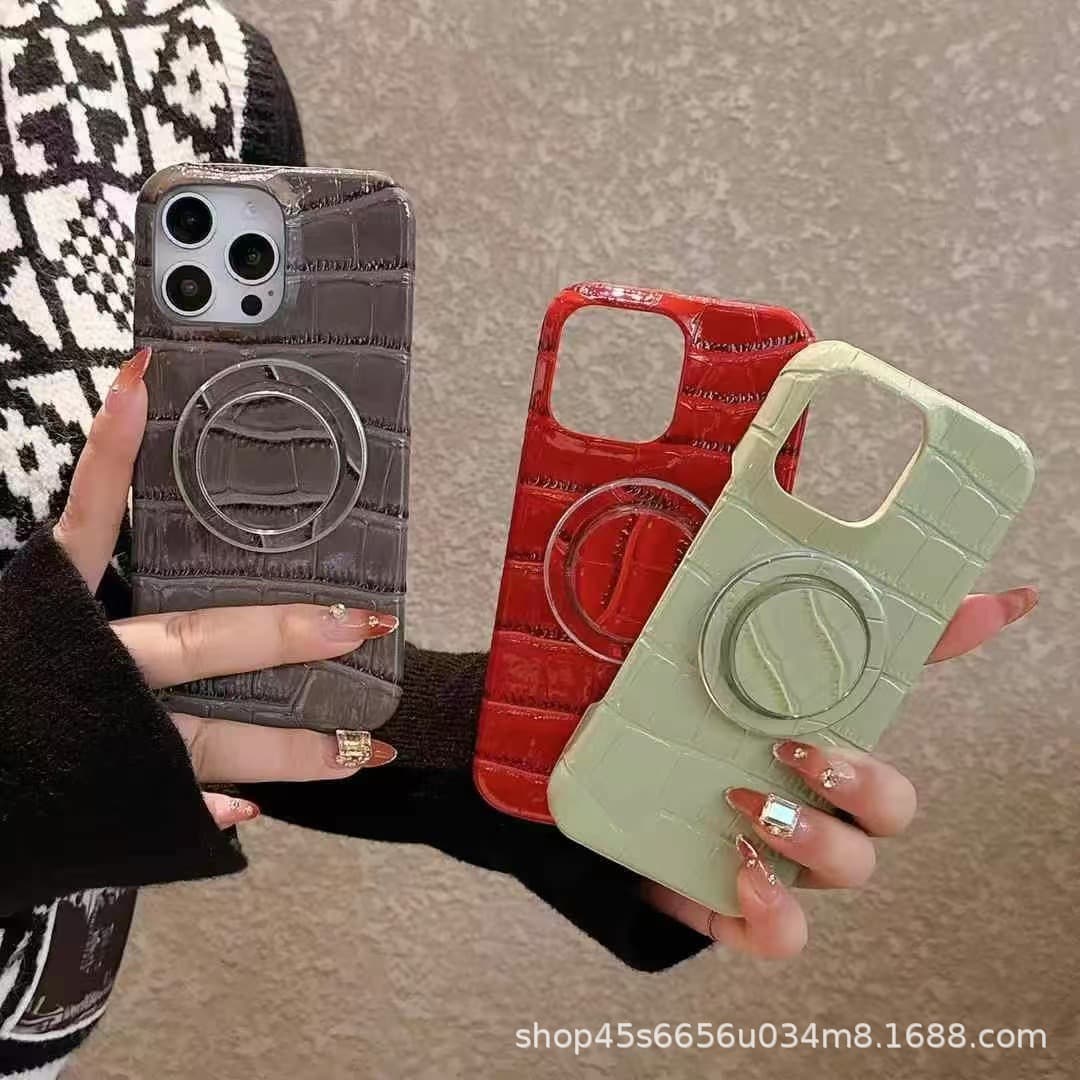 Brand Magnetic Bracket Case for iPhone 16 Pro Max, Crocodile Texture 15/14/13 Leather Cover Hard Shell Outer Case