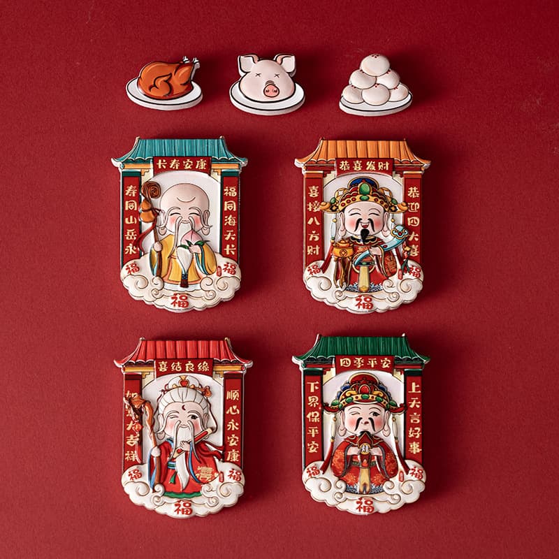 Chinese Style God of Wealth Fridge Magnets, 3D Cartoon Magnetic Stickers, Creative New Year Magnetic Cultural Souvenirs