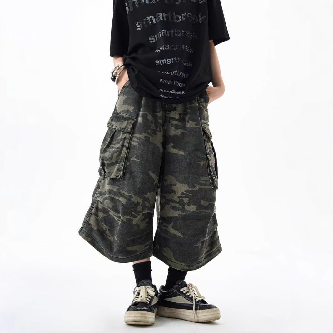 Trendy Summer American Retro Camo Capri Pants Unisex Loose Casual Multi-Pocket Straight-Leg Cargo Jeans