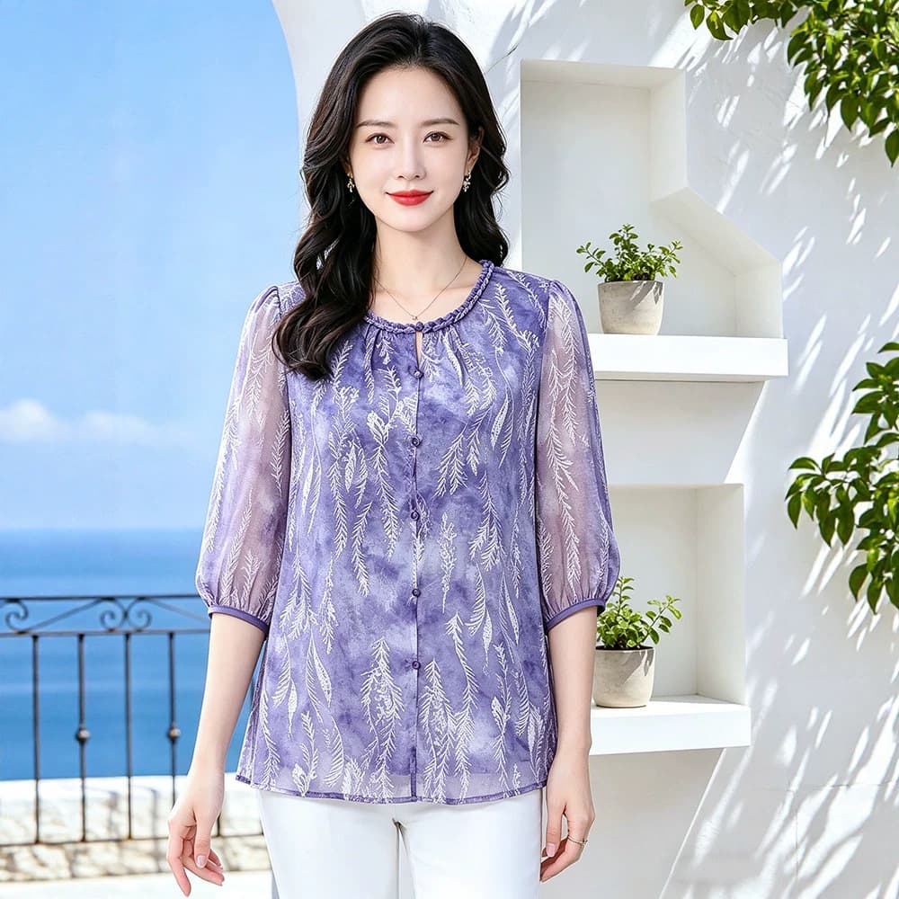 2026 Summer New Fashion Casual High-End Floral Chiffon Mid-Sleeve Elegant Mother Blouse Top Plus Size Women's Clothing