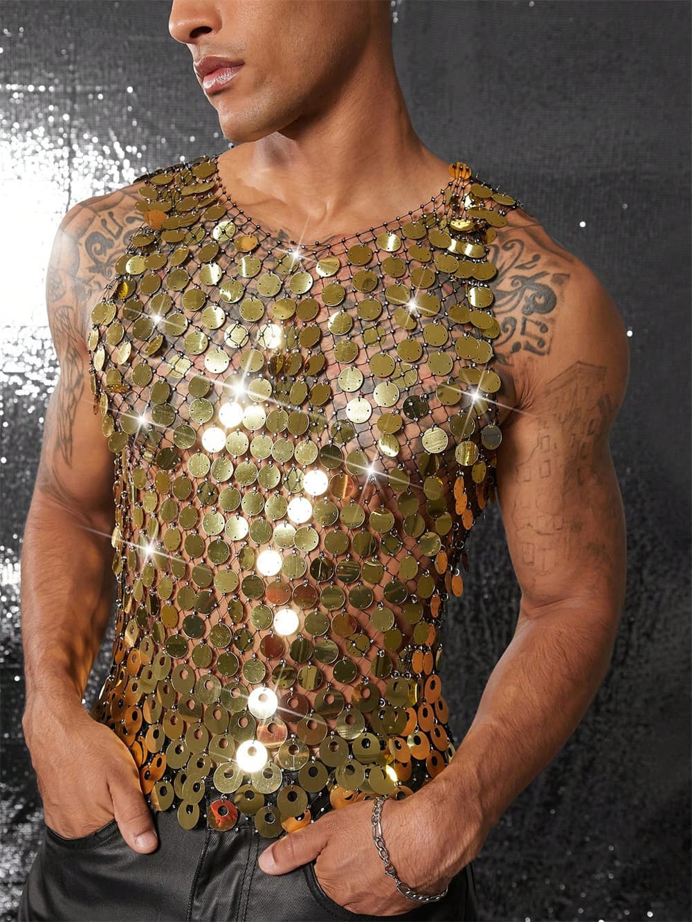 European and American heavy industry sequined hollow vest suspender short retro handmade trendy vest men's 25109