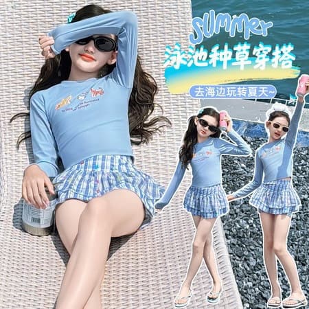 Children's swimsuit summer new style girls split long-sleeved swimsuit big children sun protection quick-drying two-piece cartoon swimsuit