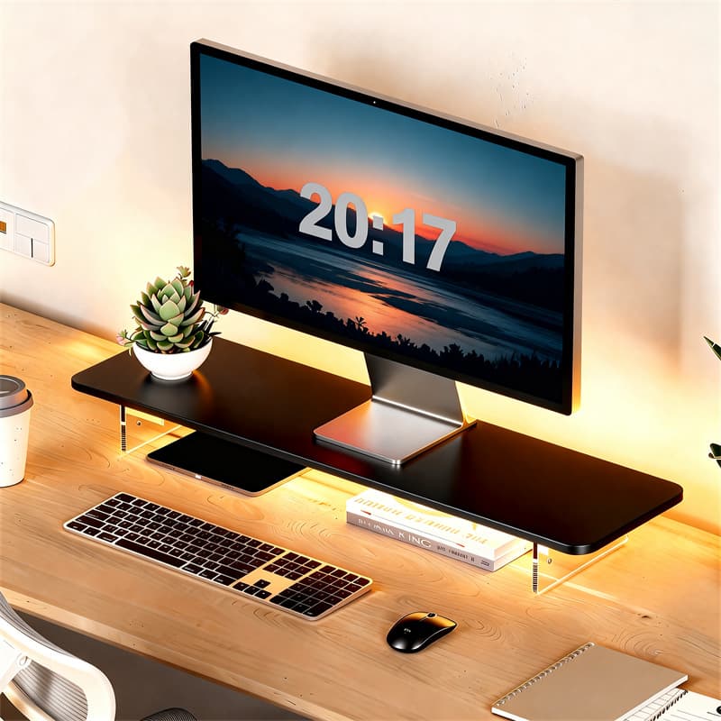 LED Wooden Computer Monitor Riser with Acrylic Legs, Adjustable Height Desktop Organizer