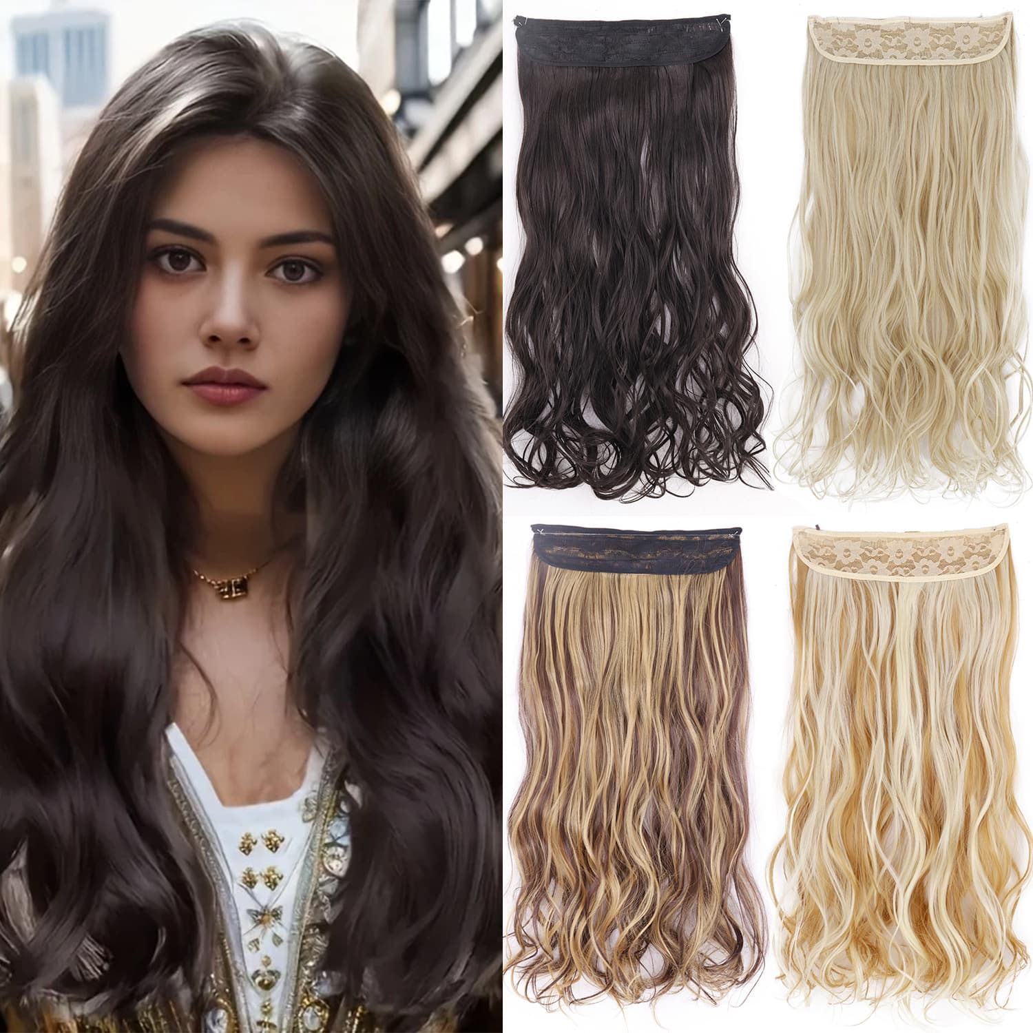 European and American 22-inch one-piece fishline hair extensions high-temperature fiber wig for women 55 cm long curly hair extensions