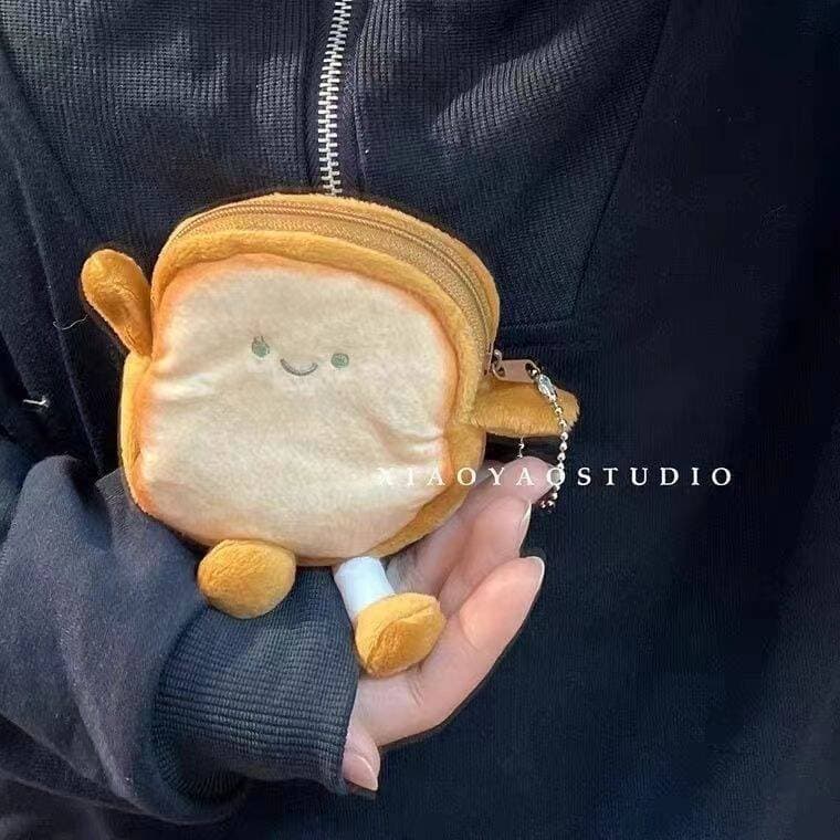 Cute Emoji Toast Coin Purse Keychain Plush Storage Bag Japanese Style Creative Women's Food-Themed Card Holder Mini Wallet