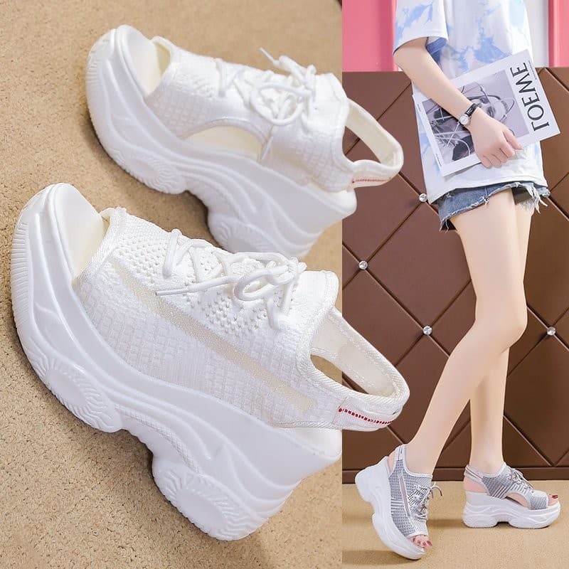 2025 New Thick Heel Sporty Fish Mouth Sandals Heightening Casual Large Size Sandals Roman Style Mesh Lined Comfortable Shoes