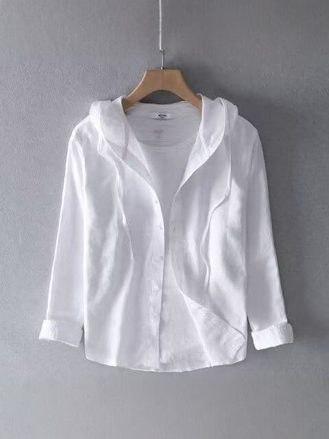 Spring and Summer New Hooded Long Sleeve Solid Linen Shirt for Men, Thin Loose Fit Youth Fashion Cotton-Linen Sun Protection Shirt