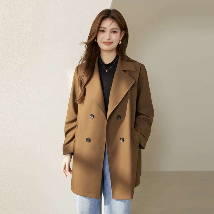 【Lightweight Silhouette Trench Coat】Xianlixiu Plus Size Women's Fashion Double-breasted Mid-length Coat for Curvy Girls Autumn New Arrival
