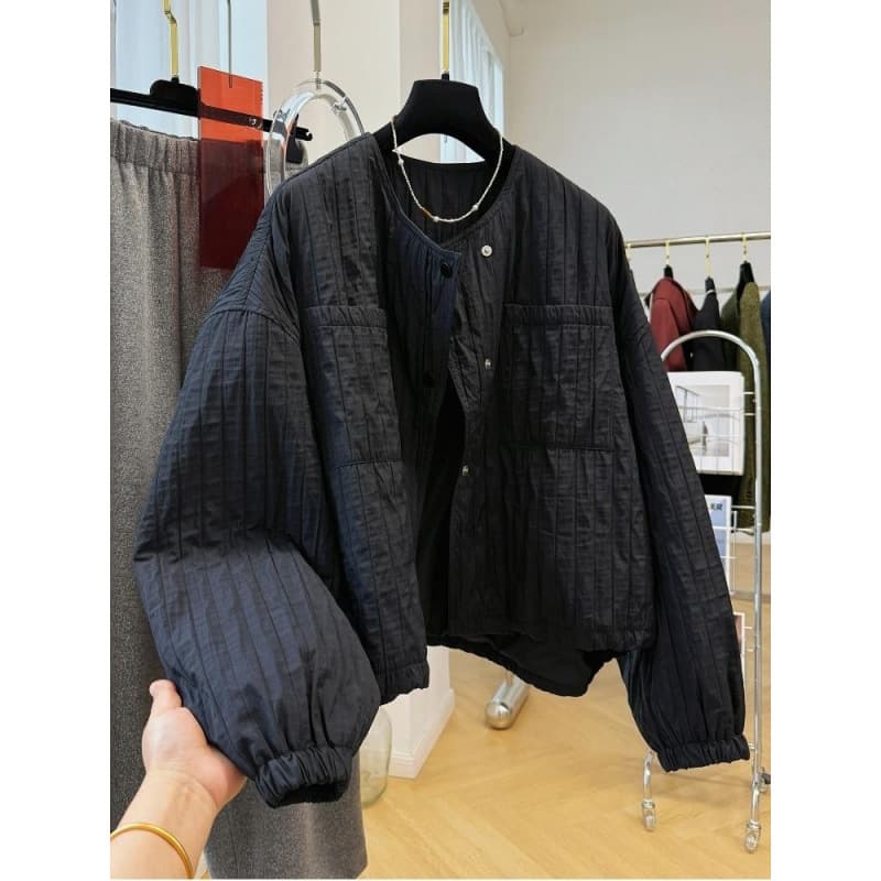 Premium Unique Textured Pleated Round Neck Short Jacket for Women Fall Cropped Coat for Petite