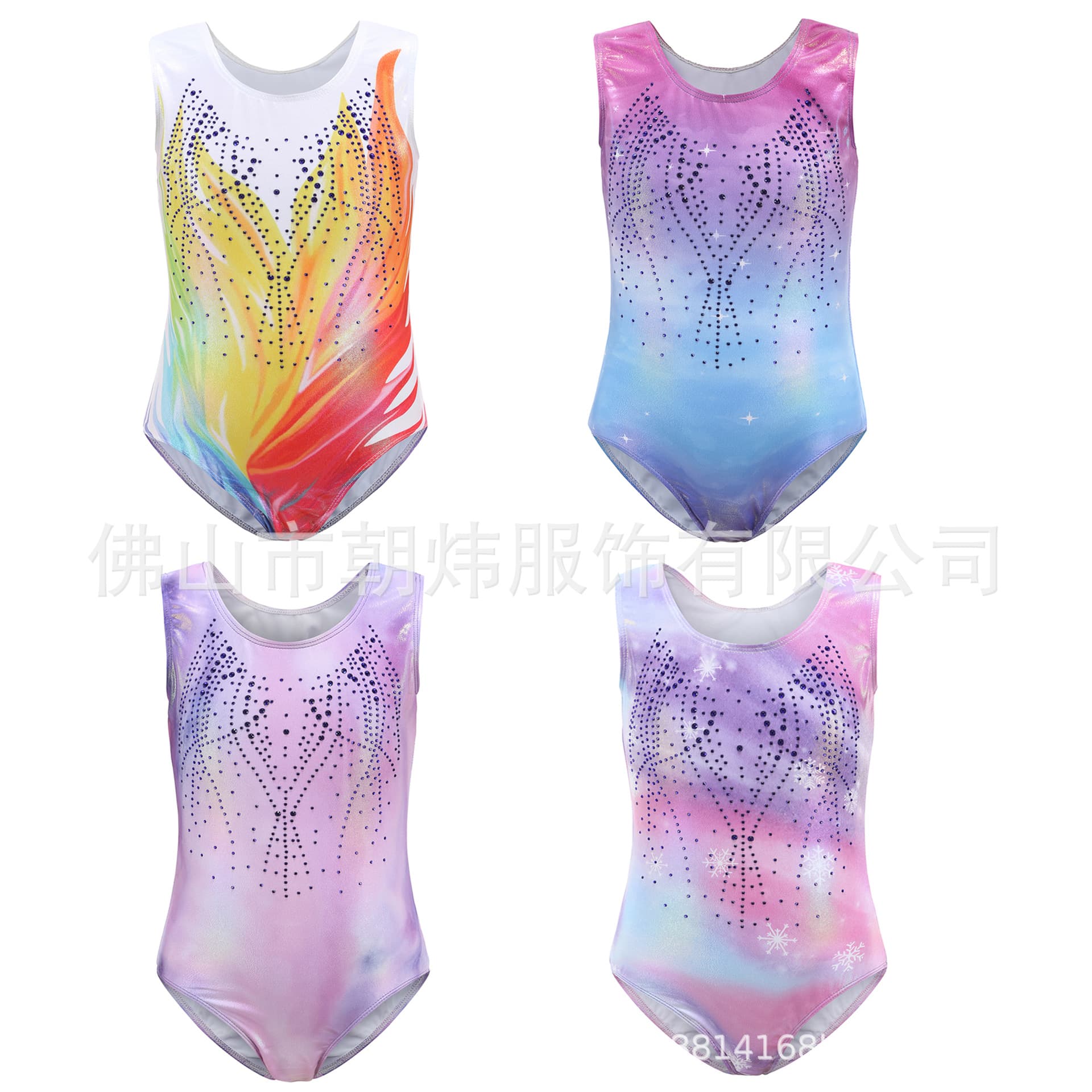 Children's Gymnastics Leotard Glitter Heat Transfer Gold Embellished Tight Dance Performance Suit Practice Uniforms Kids Costume