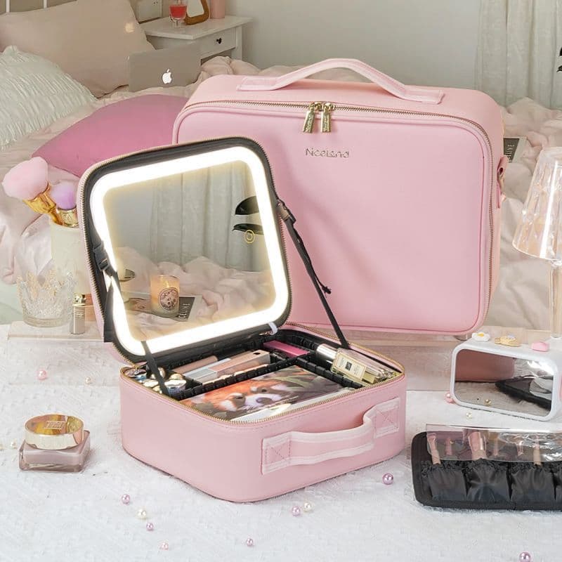 Lighted cosmetic bag with mirror, integrated cosmetic case, multi-layered multi-functional cosmetic storage bag, portable for business trips