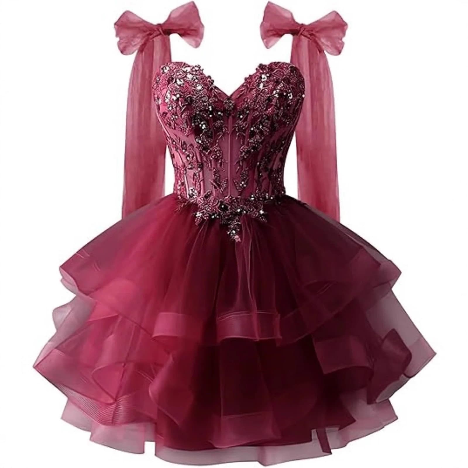 Layered Tulle Homecoming Dress Sparkling Lace Appliques Bow Straps Junior Short Prom Dress