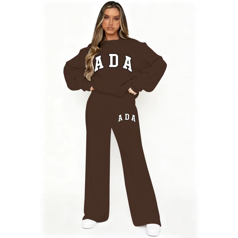 European and American cross-border Amazon hot style casual versatile letter loose round neck ADA sweatshirt wide leg pants 2-piece suit for women