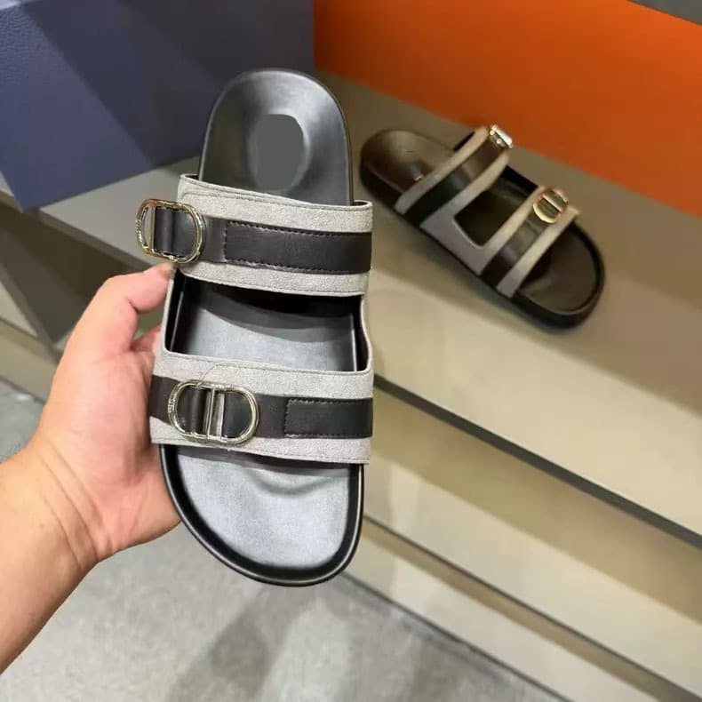 D-House Slippers European Cross-Border Men's Vintage Genuine Leather Sandals Double Buckle Beach Shoes Versatile Casual Sandals
