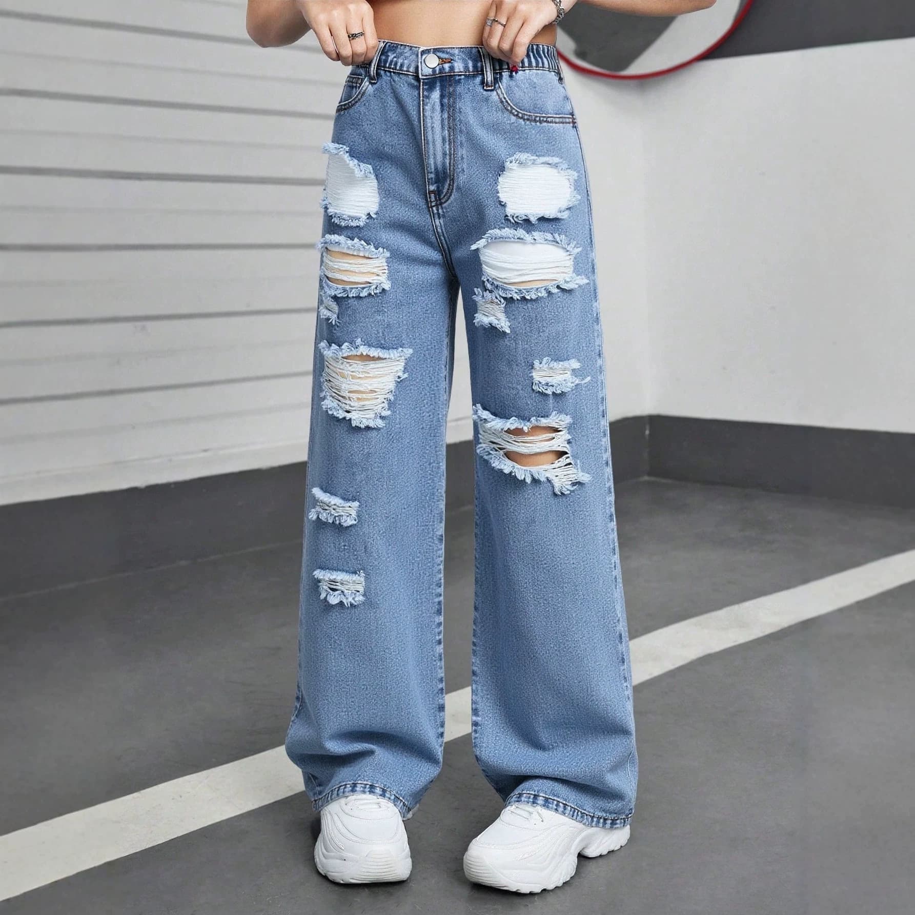 Amazon's cross-border foreign trade summer hot-selling teen European and American style ripped hot girl wide-legged jeans for girls are in stock